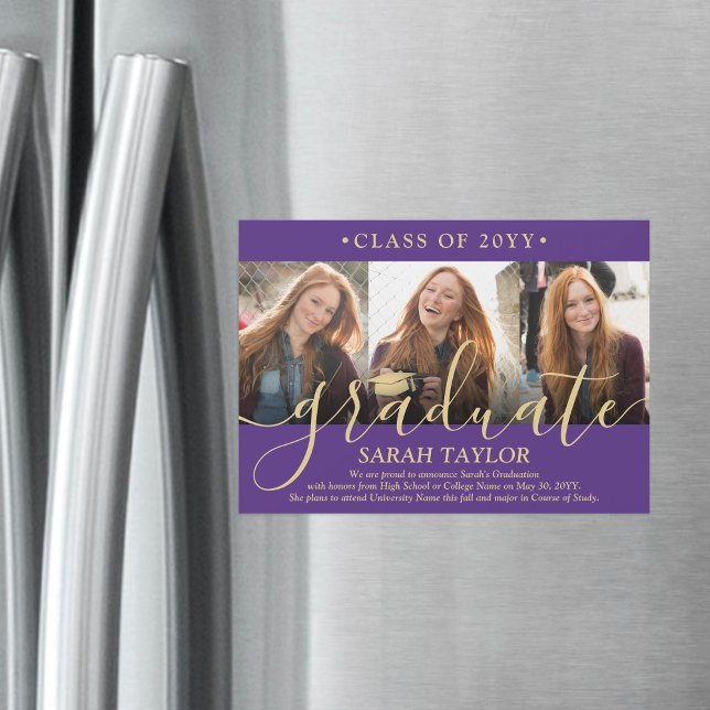 Magnetic Photo Purple Gold Graduation Announcement (Creator Uploaded)