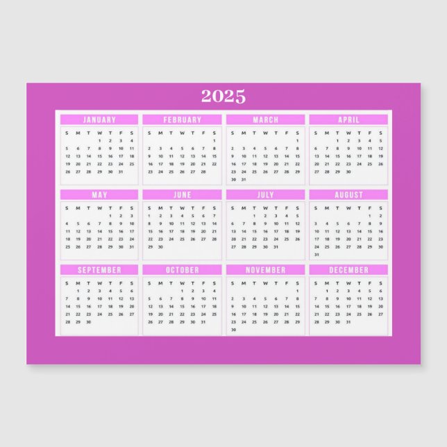 Magnetic Pink 2025 Monthly Calendar  Magnet (Front)