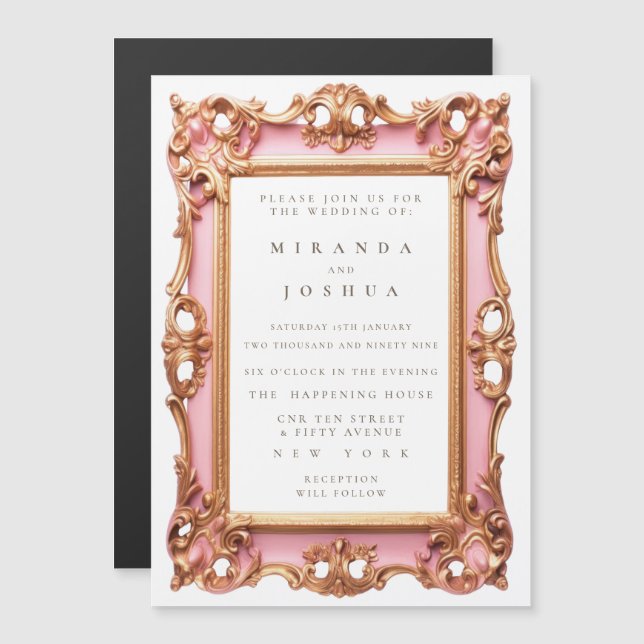 MAGNETIC Pink Gold Ornate Filigree Frame Magnetic Invitation (Front/Back)