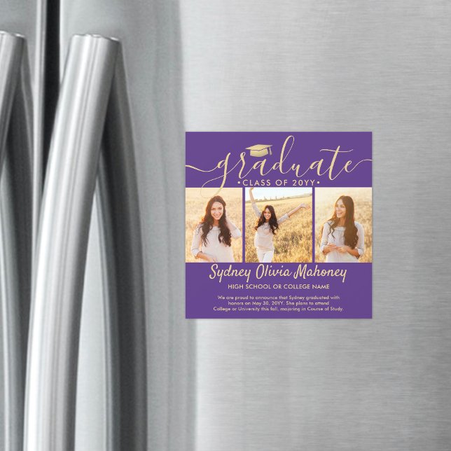 Magnetic Purple Gold Graduation Photo Announcement (Creator Uploaded)