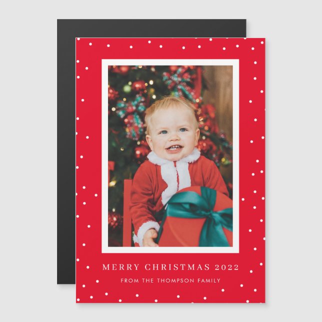 Magnetic Red Polka Dot Photo Christmas Card (Front/Back)