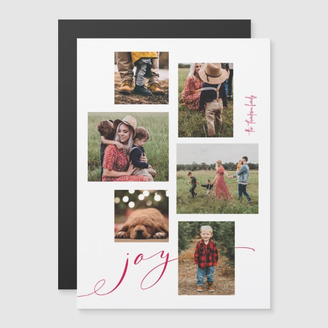 Magnetic Red Script Joy Multi-Photo Holiday Card (Front/Back)