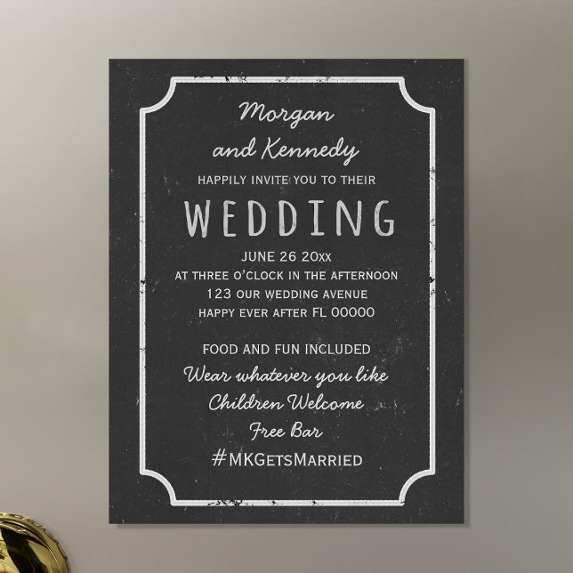 Magnetic Rustic Chalkboard Wedding Invitation (A casual chalkboard vibe with this magnetic wedding invitation. Just add your details. Free Bar!)