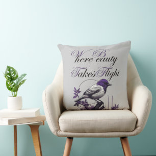Magnificent Bird on Purple Leaves   Art Print Cushion