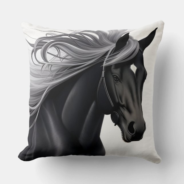 Magnificent Black Horse Cushion (Front)
