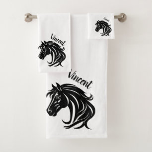 Magnificent Black Horse Head Personal Name Bath Towel Set