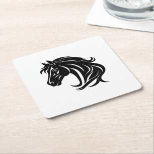 Magnificent Black Horse Head Square Paper Coaster