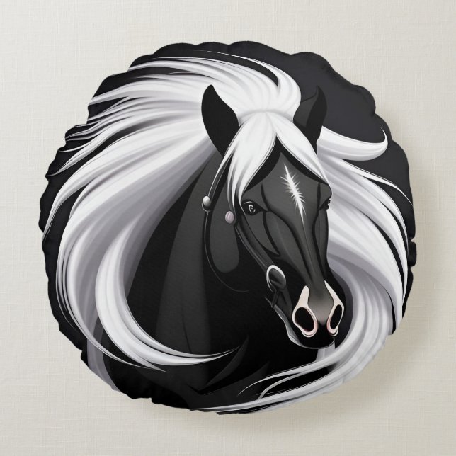 Magnificent Black Horse Round Cushion (Front)