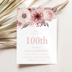 Magnificent Blush Boho Floral 100th Birthday Party Invitation