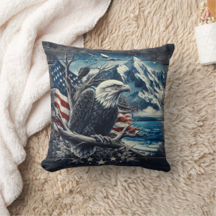 Magnificent Eagle With American Flag and Mountains Cushion