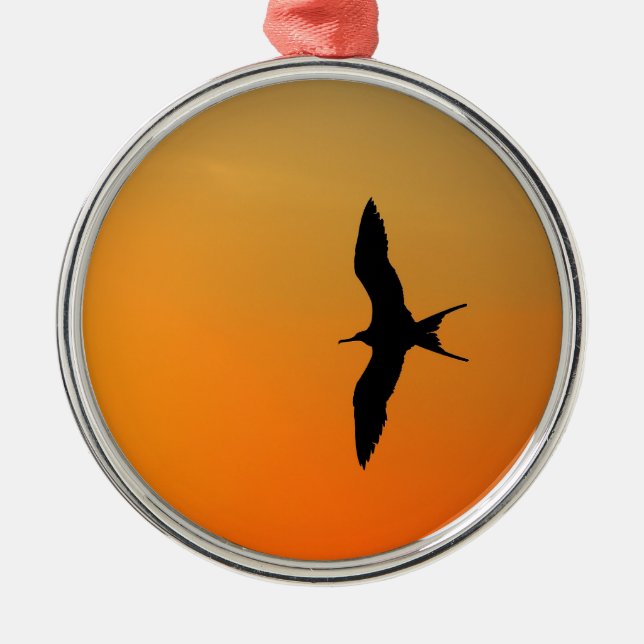 Magnificent frigate bird flying orange sunset metal ornament (Front)