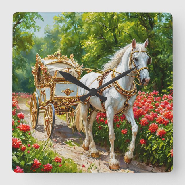 Magnificent Horse and Carriage Square Wall Clock (Front)