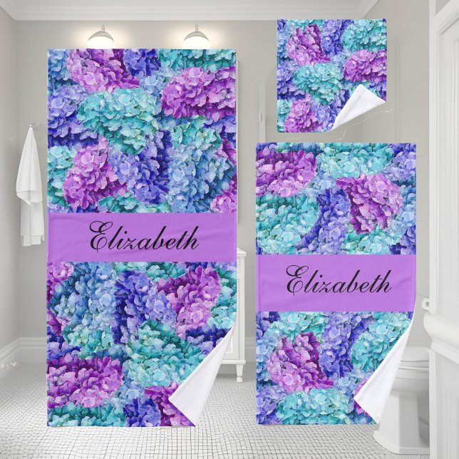 Magnificent hydrangea blossoms, personalised bath towel set (Creator Uploaded)