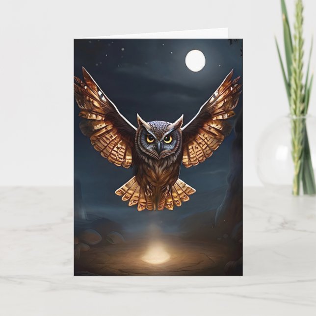 Magnificent Owl Flying at Night over Fire Blank Card (Front)