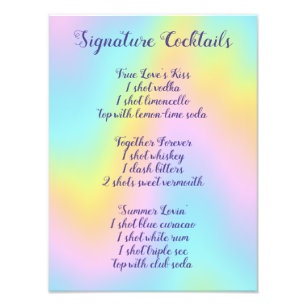 Magnificent Pastel Rainbow Wedding Cocktail Menu Photo Print