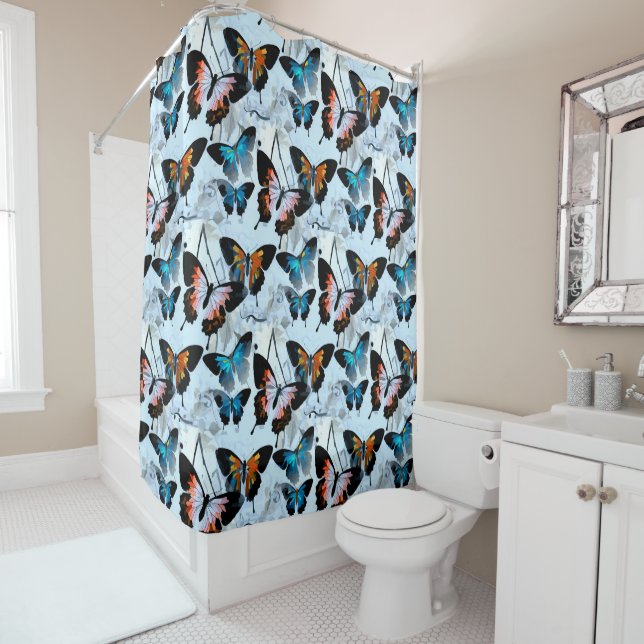 Magnificent Realm of Morpho Rainbow Butterlies Shower Curtain (In Situ)
