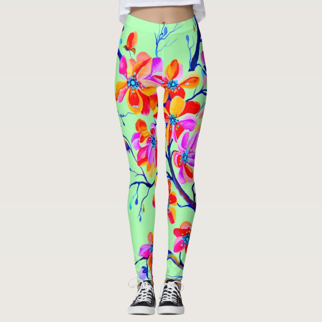 Magnificent Watercolor  Sakura Cheryy Flowers Leggings (Front)