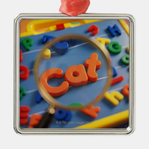 Magnifying glass enlarging view of word CAT Metal Ornament