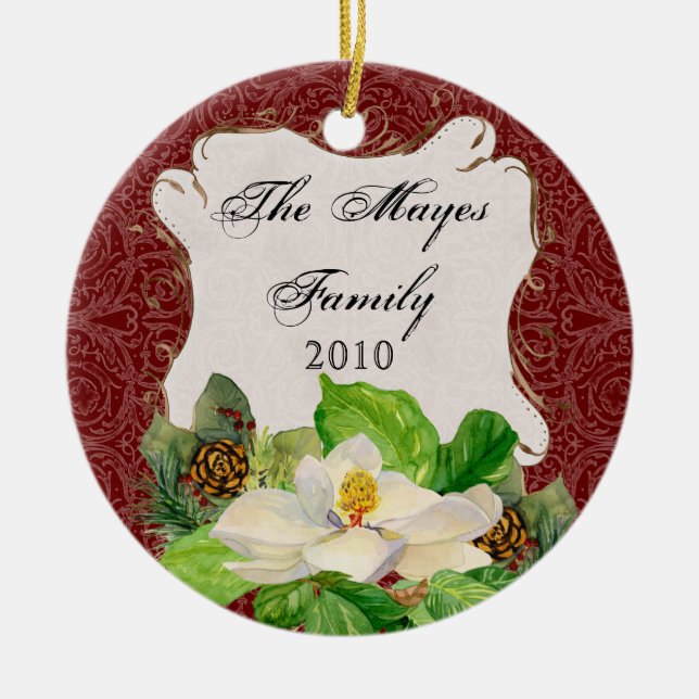 Magnoila n Pine Cone Damask Christmas Ornament (Front)