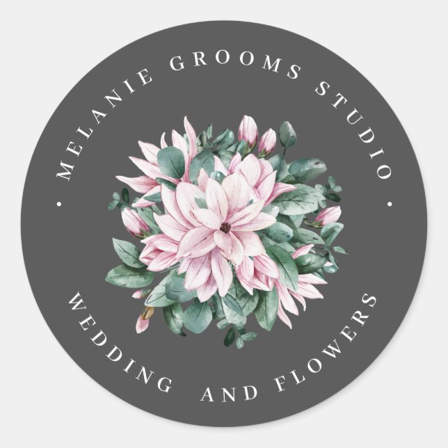 Magnolia and eucalyptus dark grey wedding flowers classic round sticker (Front)
