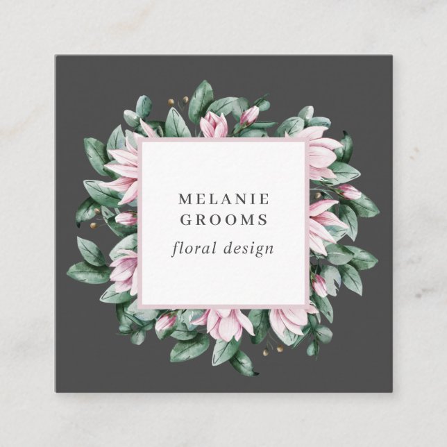 Magnolia and Eucalyptus floral frame pink Square Business Card (Front)