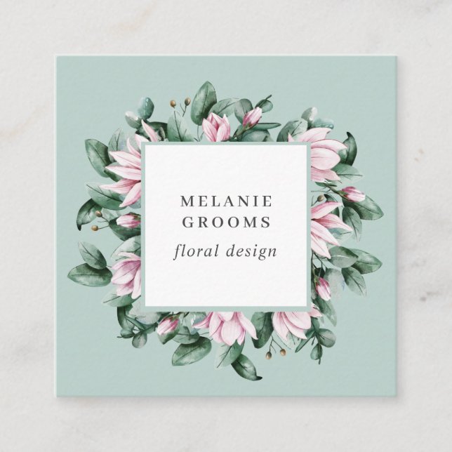 Magnolia and Eucalyptus floral frame sage green Square Business Card (Front)