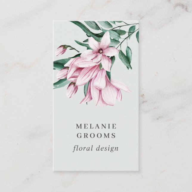 Magnolia and Eucalyptus grey Floral Botanical Business Card (Front)