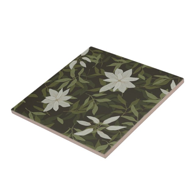 Magnolia and green leaves on black ceramic tile (Side)