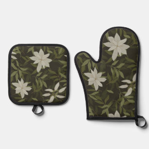 Magnolia and green leaves on black oven mitt & pot holder set