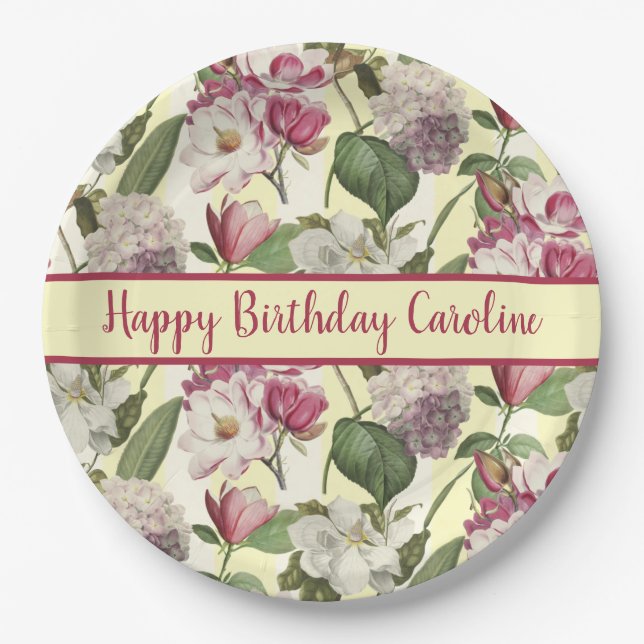 Magnolia and Hydrangea Flowers Southern Paper Plate (Front)