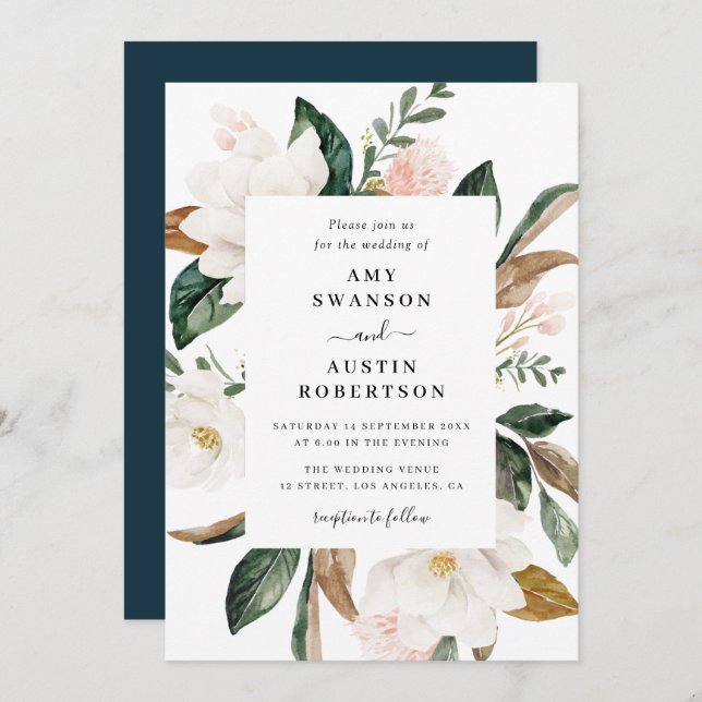 magnolia and pink flowers wedding invitation (Front/Back)