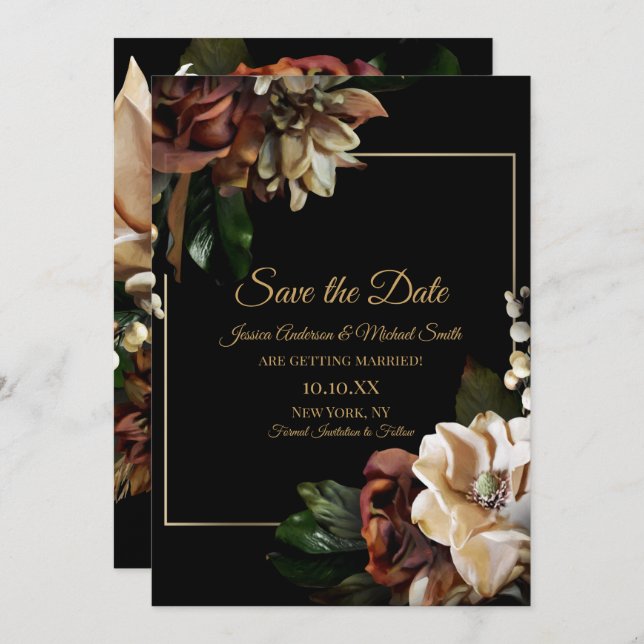 Magnolia Black Gold Floral Save the Date Invitation (Front/Back)