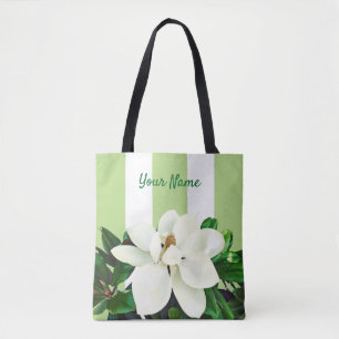 Magnolia Bloom   Personalised Green & White Tote Bag