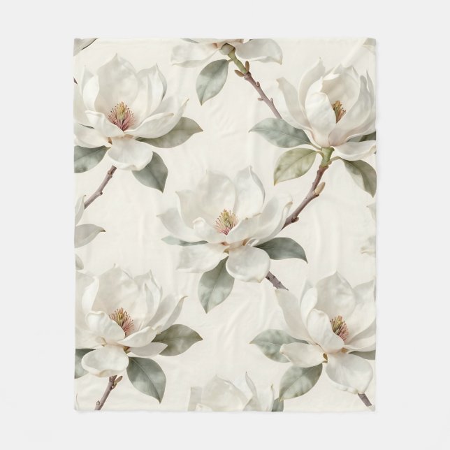 Magnolia Bloom Soft Neutral Pattern Fleece Blanket (Front)