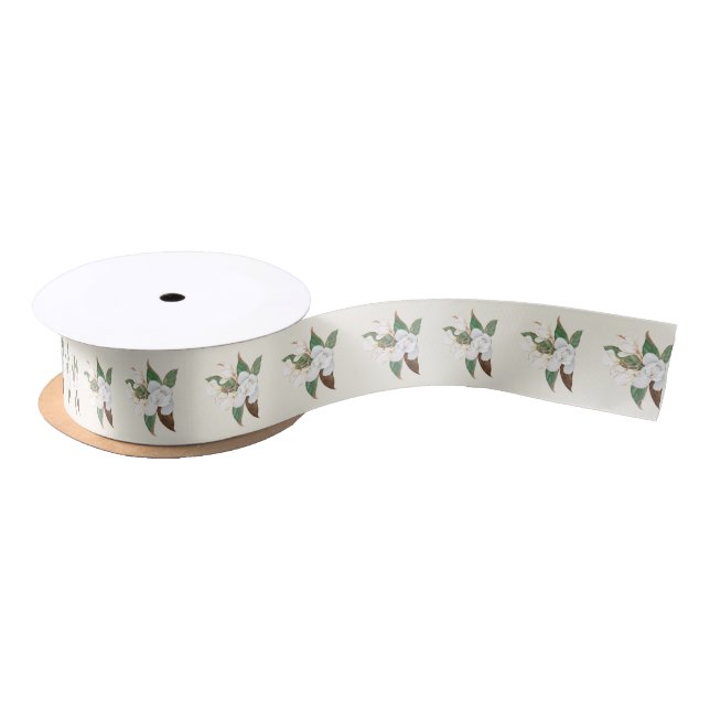 Magnolia blooming flowers on light tan satin ribbon (Spool)