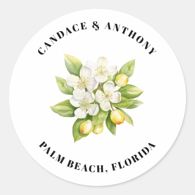 Magnolia Blooms Lemons Floral Wedding Classic Round Sticker (Front)