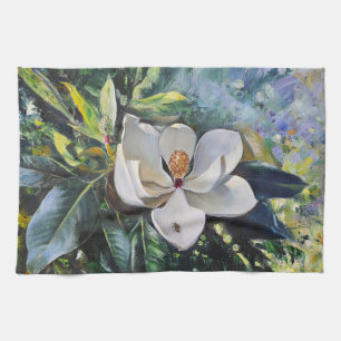 Magnolia Blossom Oil Painting of Nature’s Harmony Tea Towel