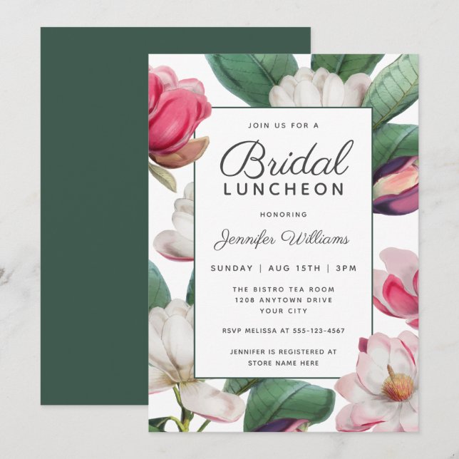 Magnolia Blossoms Boho Floral Bridal Luncheon Invitation (Front/Back)