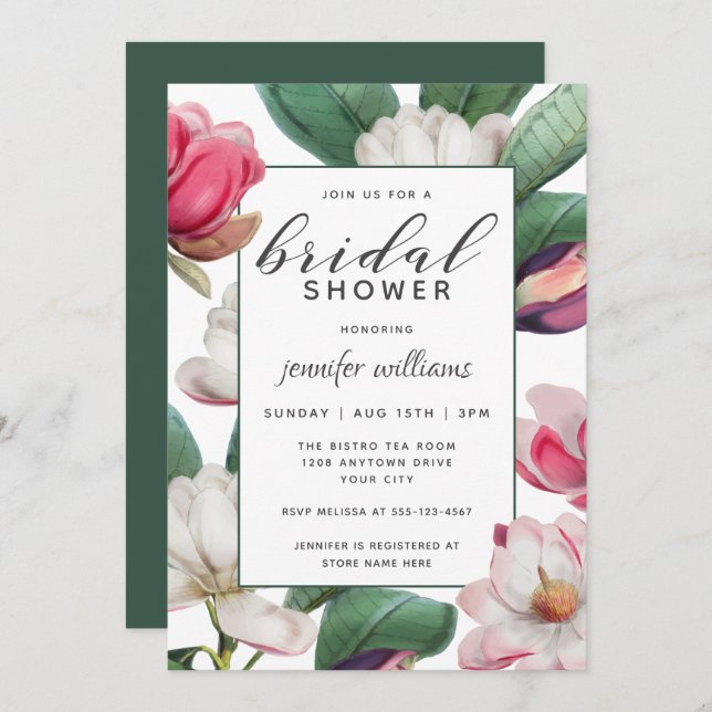 Magnolia Blossoms Boho Floral Bridal Shower Invitation (Front/Back)