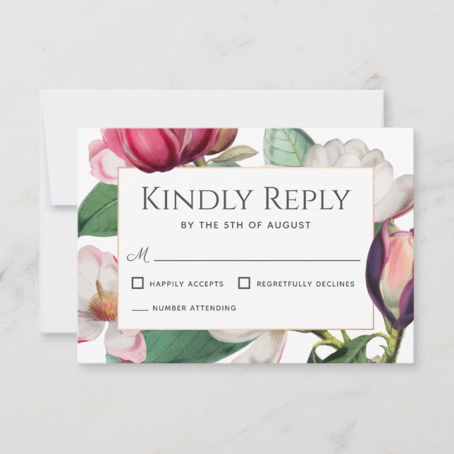 Magnolia Blossoms Elegant Floral Wedding RSVP Card (Front)