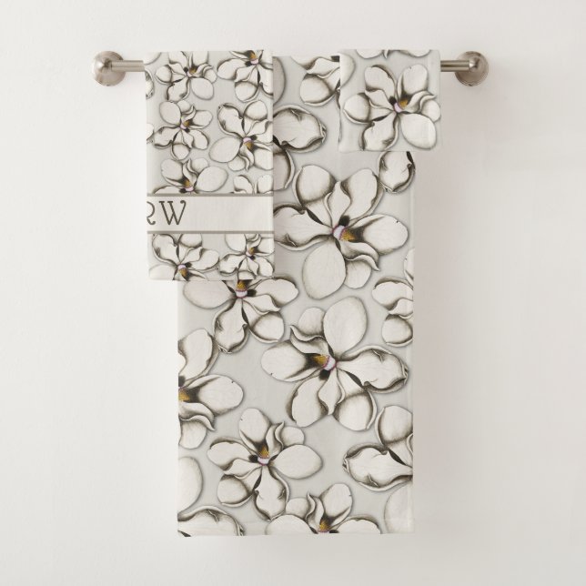 Magnolia Blossoms Neutral Grey Bath Towel Set (Insitu)