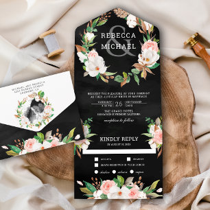 Magnolia Blush Pink Floral Wreath Black Wedding All In One Invitation