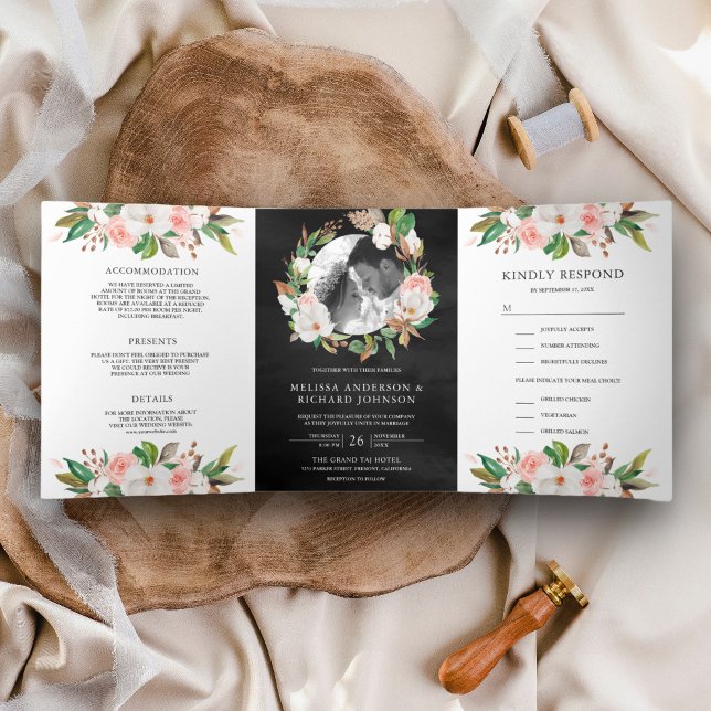 Magnolia Blush Pink Floral Wreath Black Wedding Tri-Fold Invitation (Creator Uploaded)