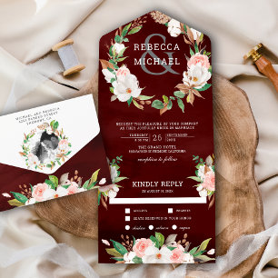 Magnolia Blush Pink Floral Wreath Burgundy Wedding All In One Invitation