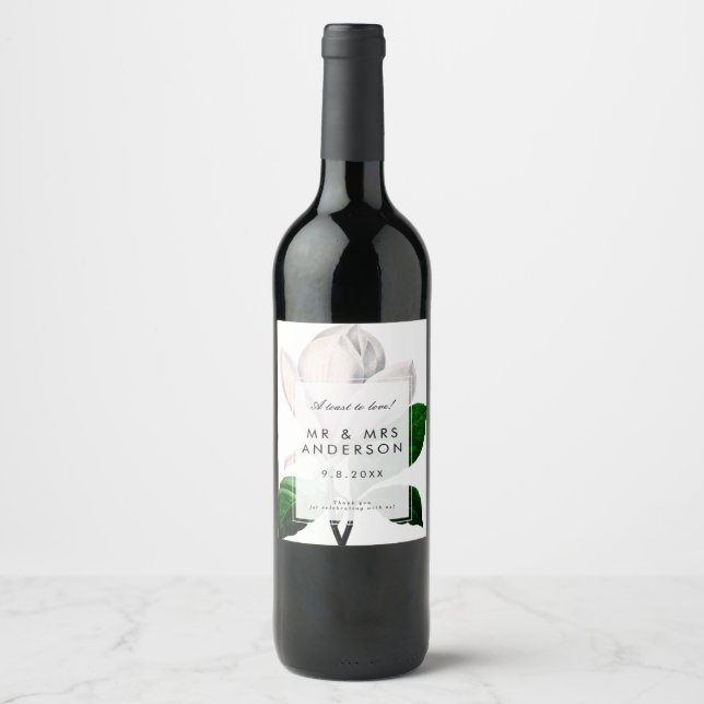 magnolia botanical greenery wedding party bottle wine label (Front)