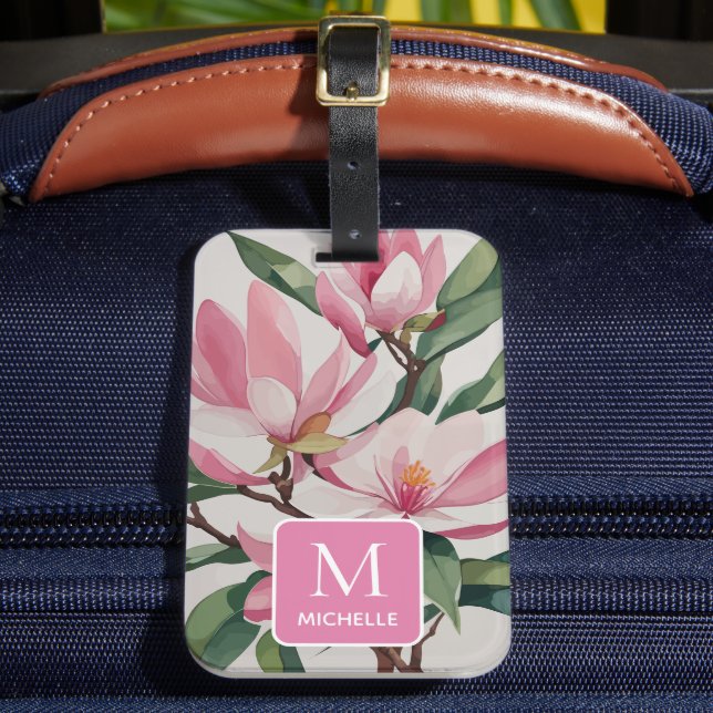 Magnolia Botanical Modern Art Pink Monogram Luggage Tag (Front Insitu 2)