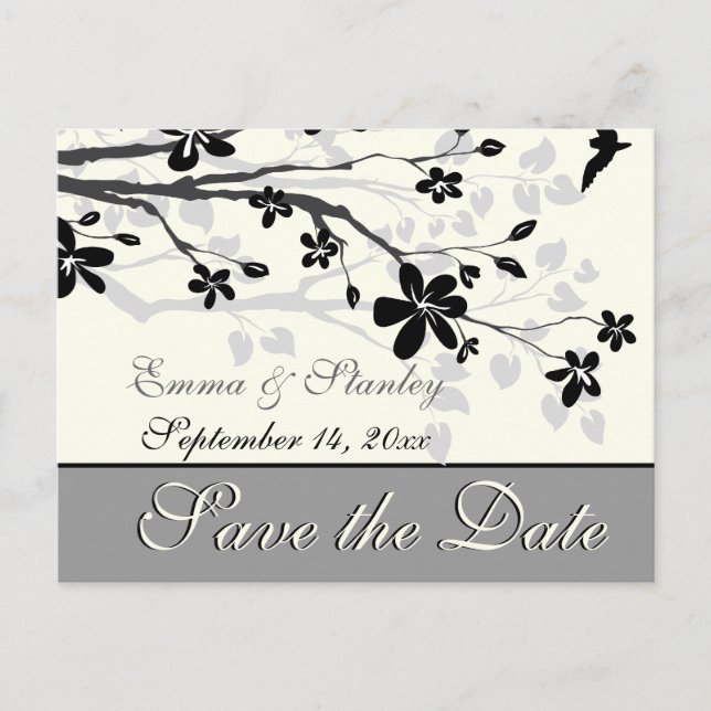 Magnolia branch black grey wedding Save the Date Announcement Postcard (Front)