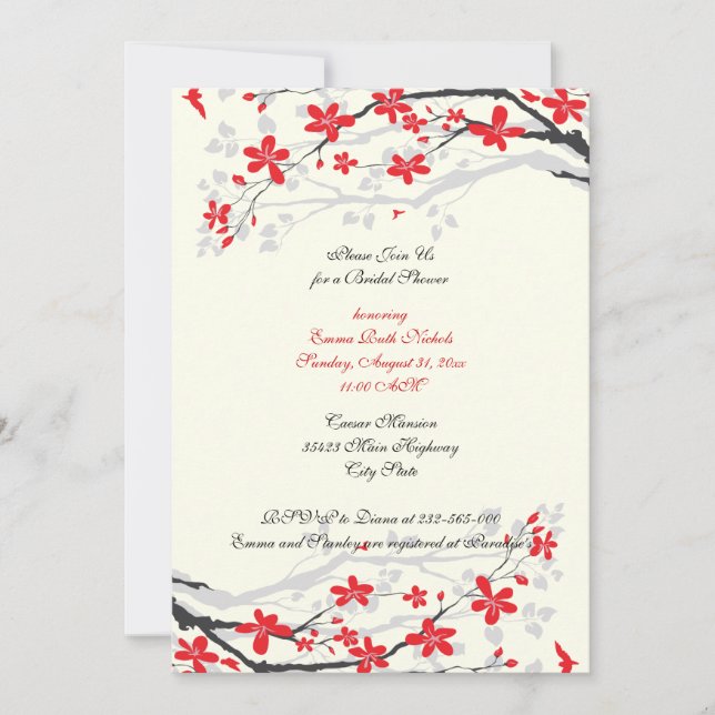 Magnolia branch red bridal shower invitation (Front)