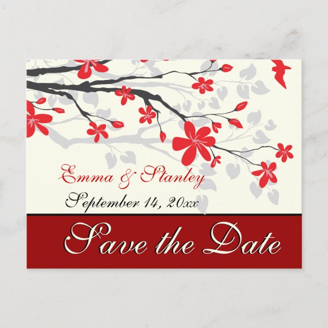 Magnolia branch red wedding custom Save the Date Announcement Postcard (Front)
