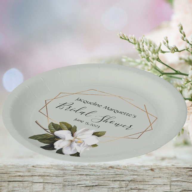 Magnolia Bridal Shower with Gold and Sage Paper Plate (Sage green Magnolia blossom theme for a bridal shower)